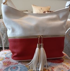 DeluxityDELUXITY Medium Hobo Crossbody Lady Bag Tassel Zipper-White/Red